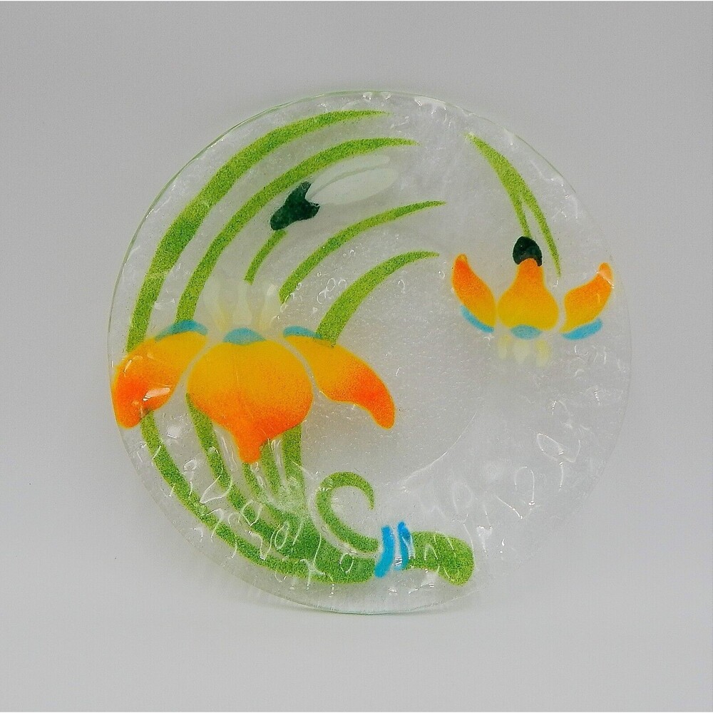 Sydenstricker Fused Art Glass Peach Iris 8-1/2 Inch Salad Plate Green Leaves
